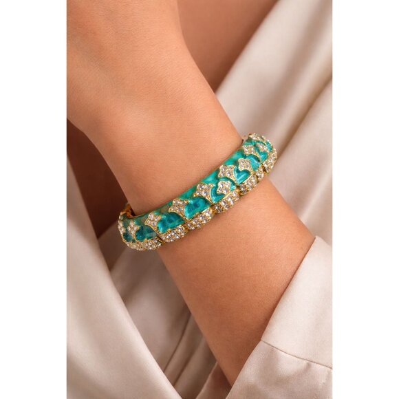 Rare ViTG 1960's Era Kenneth Jay Lane Turquoise Crystals Gold Tone Hinged Bangle - Picture 1 of 11
